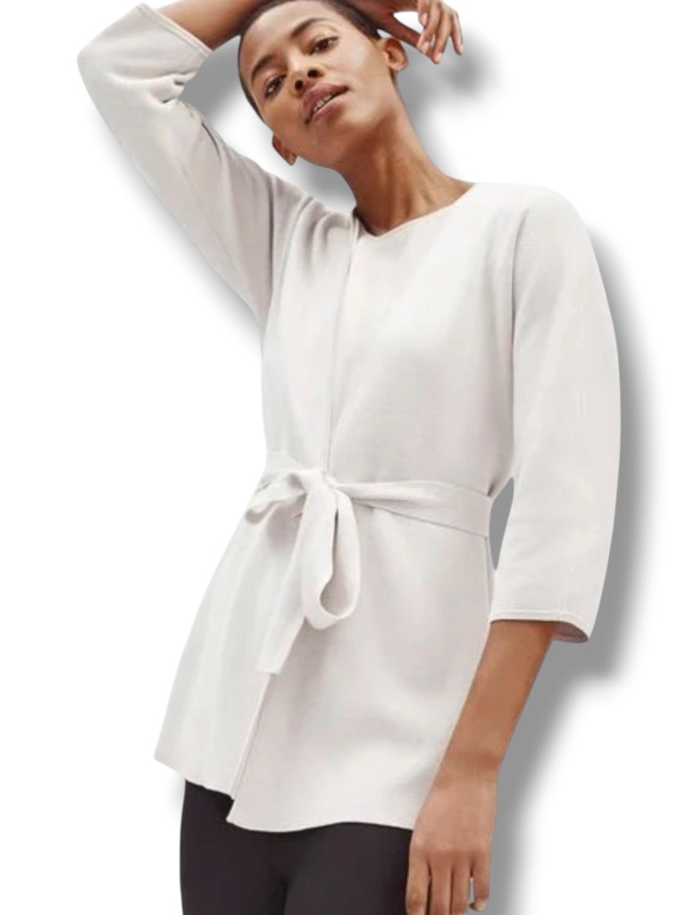 Eileen Fisher Silk Organic Cotton Interlock Belted Cardigan Size 3x Nwt In Bone